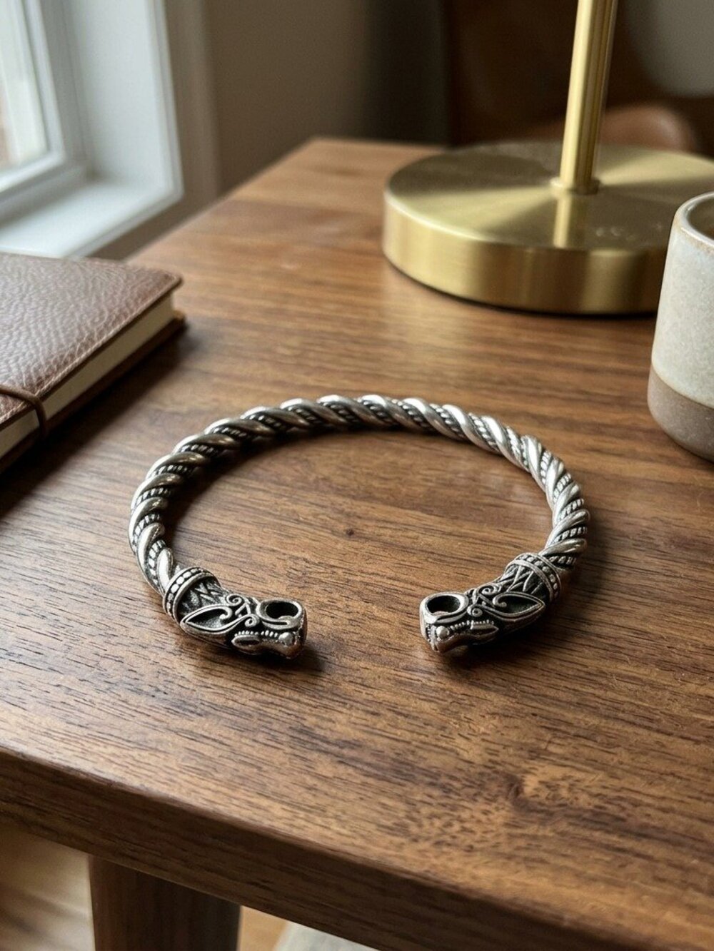Mens Viking Wolf Bangle Fenrir Head Stainless Steel Twisted Torc Cuff Bracelet